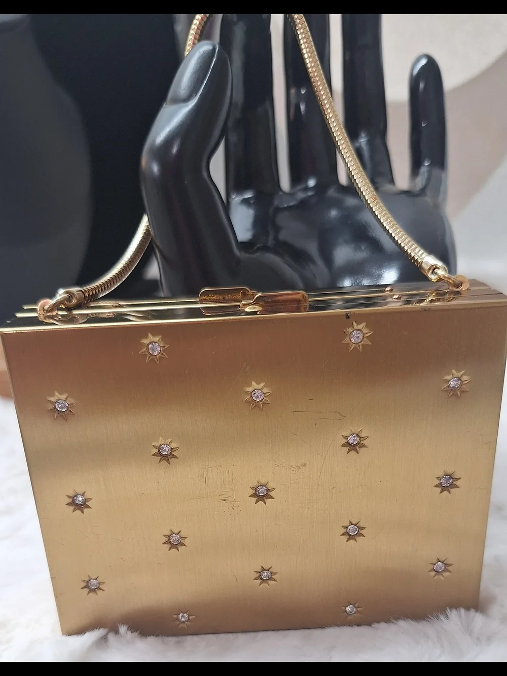 Gold Tone Starburst Rhinestone MCM Embellished Box Compact Clutch Mirror Handbag